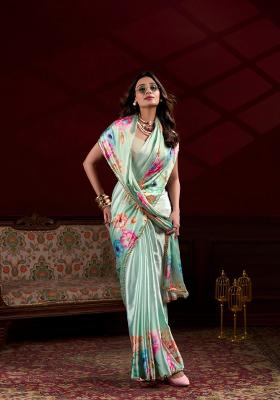 Sky Blue Pearl Lace Satin Silk Saree Set With Blouse
