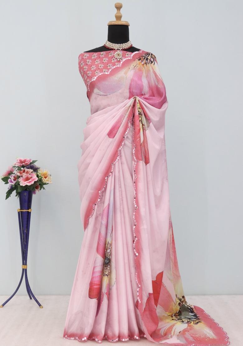 Pink Mirror Work Chiffon Saree Set With Blouse