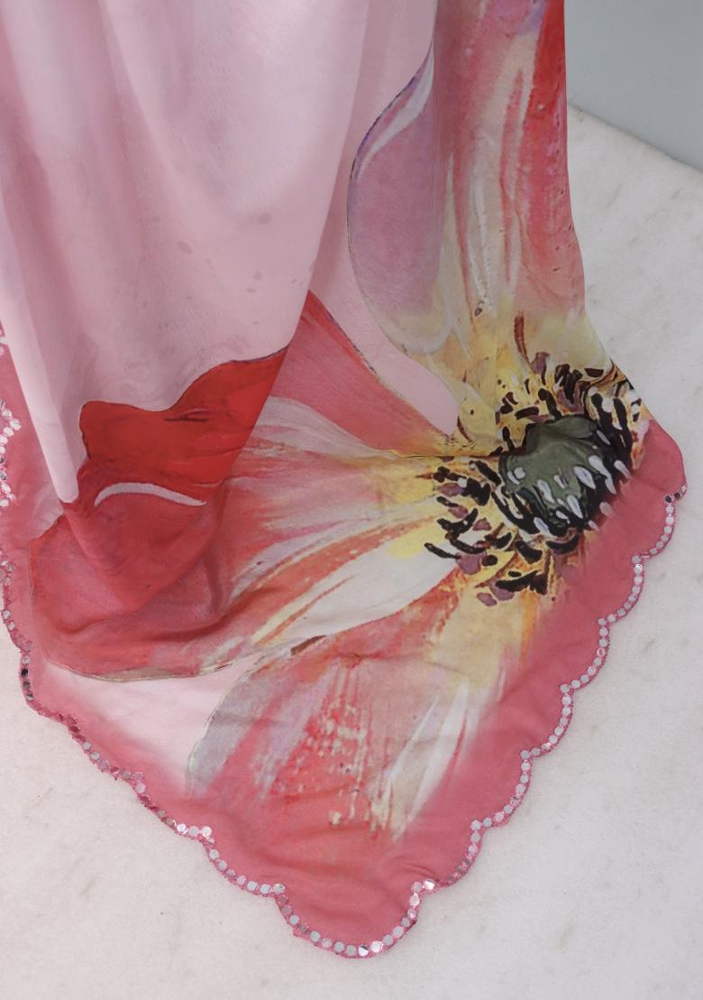 Pink Mirror Work Chiffon Saree Set With Blouse