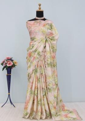 Peach Mirror Work Chiffon Saree Set With Blouse