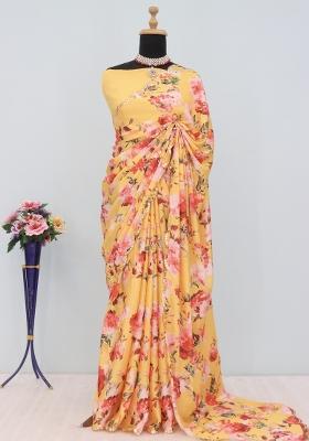 Orange Mirror Work Chiffon Saree Set With Blouse