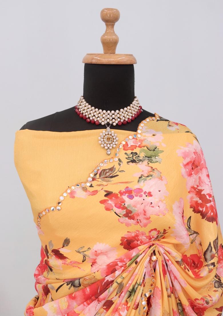 Orange Mirror Work Chiffon Saree Set With Blouse