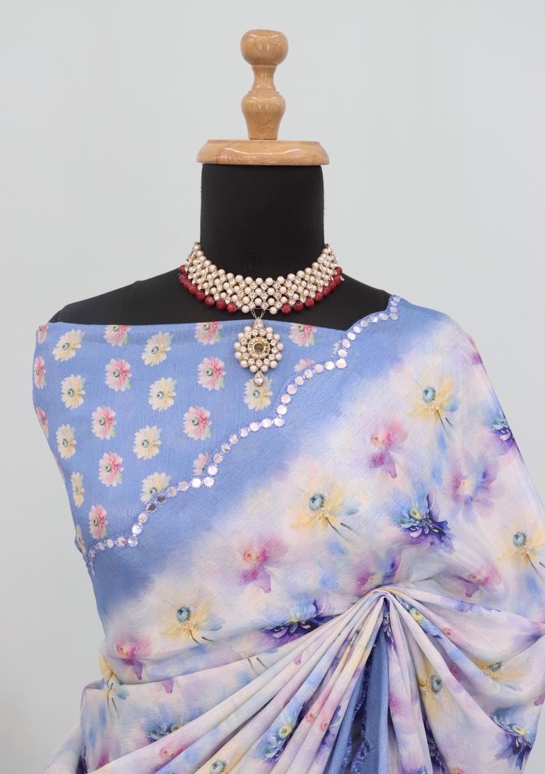 Sky Blue Mirror Work Chiffon Saree Set With Blouse