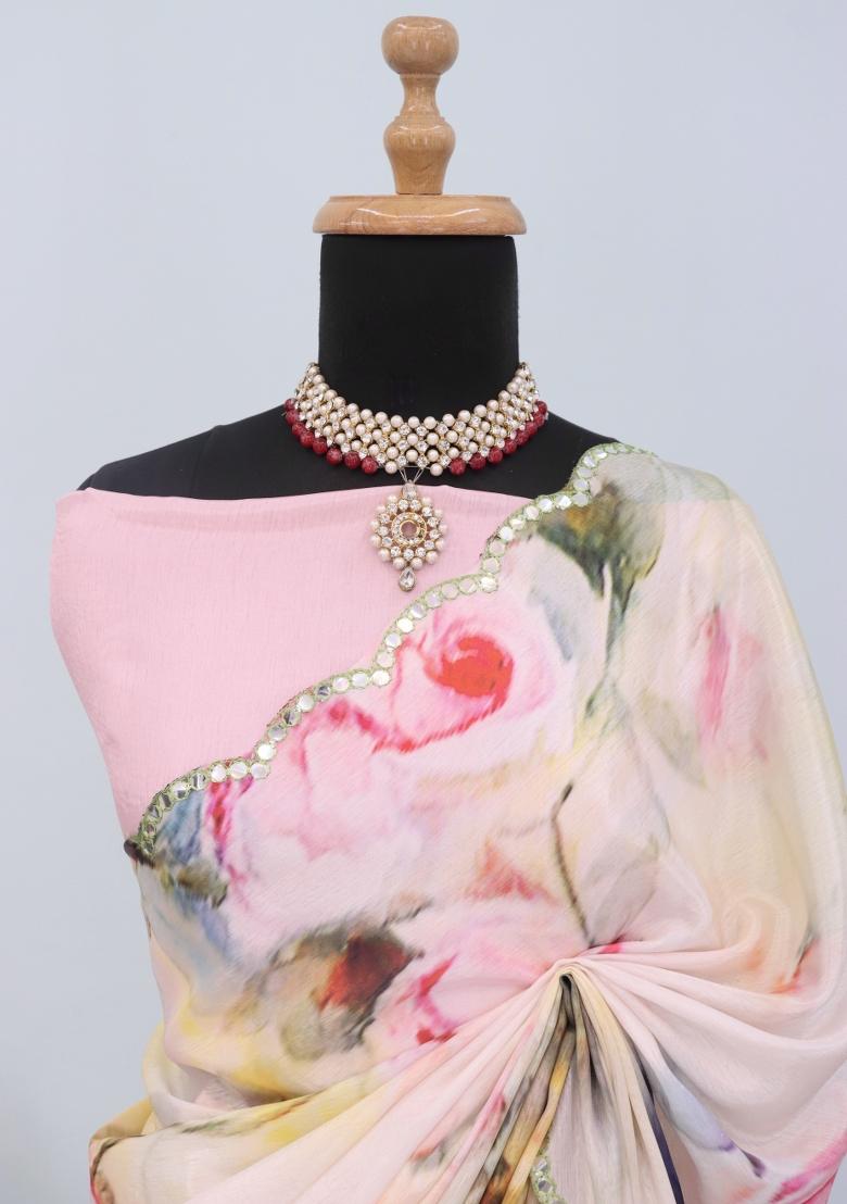 Baby Pink Mirror Work Chiffon Saree Set With Blouse