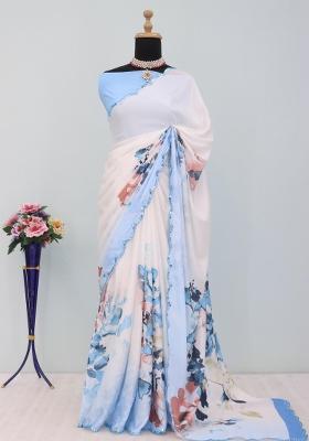 Sky Blue Mirror Work Chiffon Saree Set With Blouse