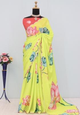 Lemon Yellow Mirror Work Chiffon Saree Set With Blouse
