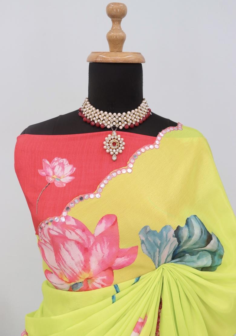 Lemon Yellow Mirror Work Chiffon Saree Set With Blouse