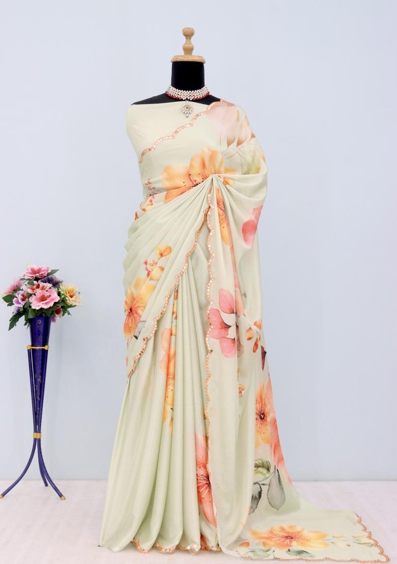 Orange Mirror Work Chiffon Saree Set With Blouse