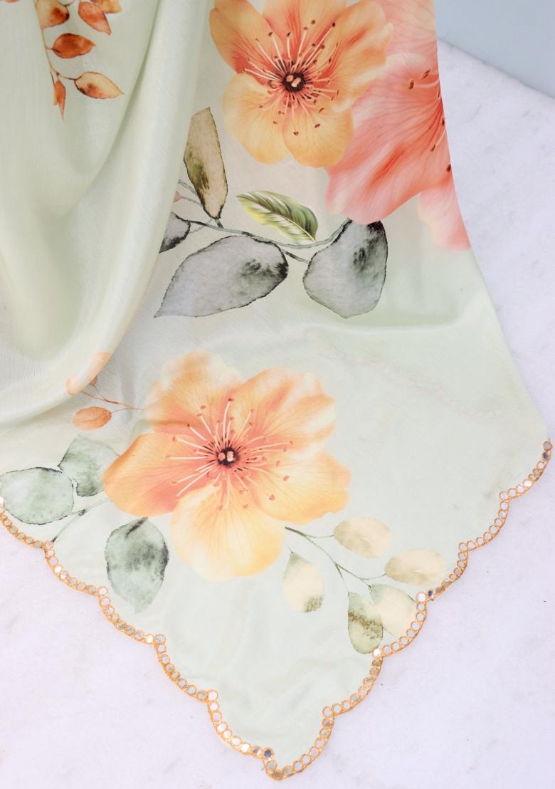 Orange Mirror Work Chiffon Saree Set With Blouse