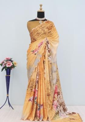 Orange Mirror Work Chiffon Saree Set With Blouse