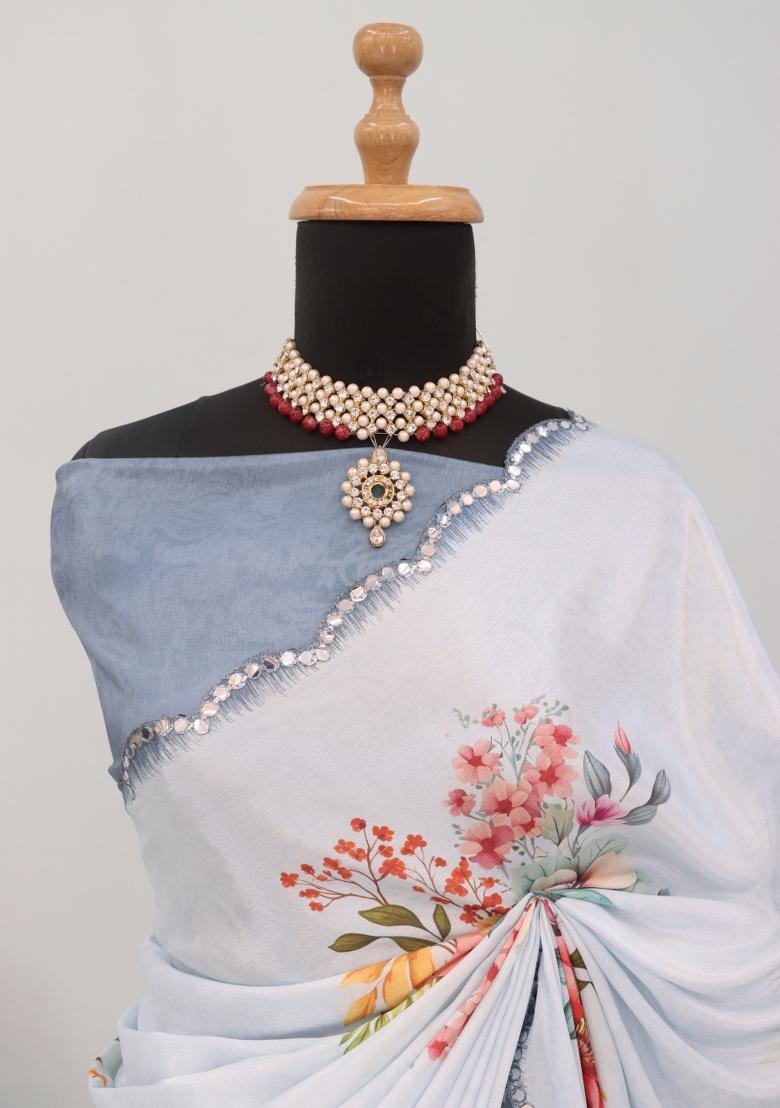 Grey Mirror Work Chiffon Saree Set With Blouse