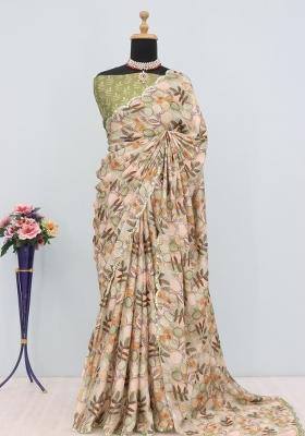 Green Mirror Work Chiffon Saree Set With Blouse