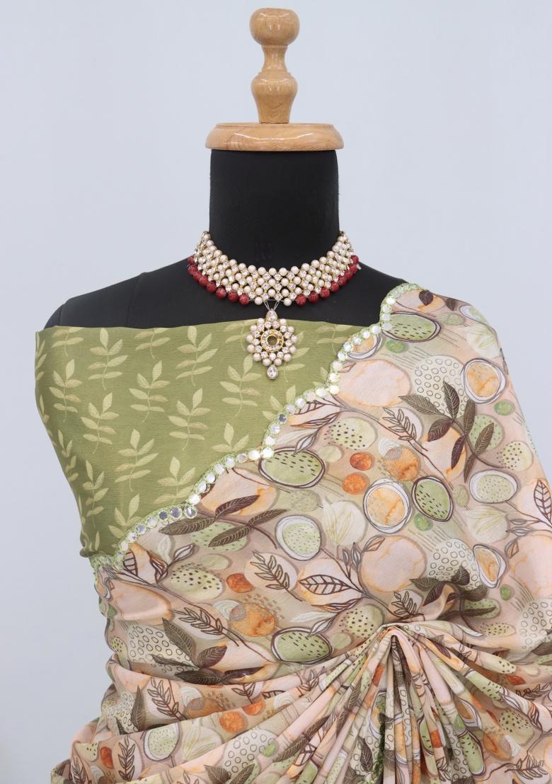 Green Mirror Work Chiffon Saree Set With Blouse