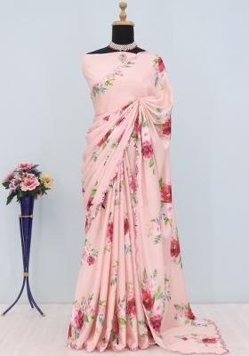 Peach Mirror Work Chiffon Saree Set With Blouse