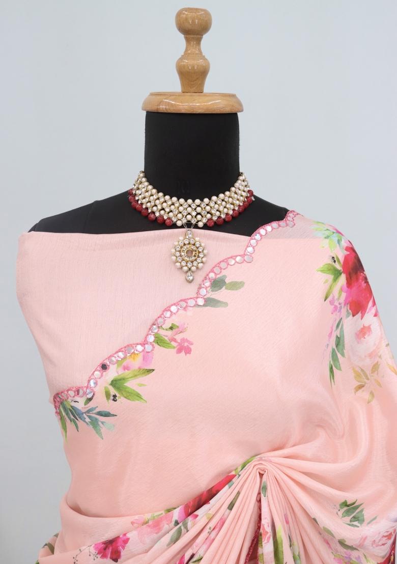 Peach Mirror Work Chiffon Saree Set With Blouse