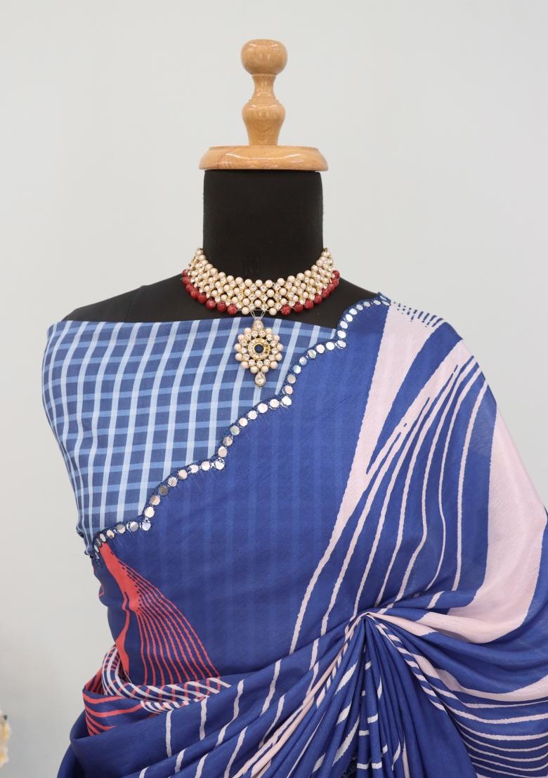 Blue Mirror Work Chiffon Saree Set With Blouse