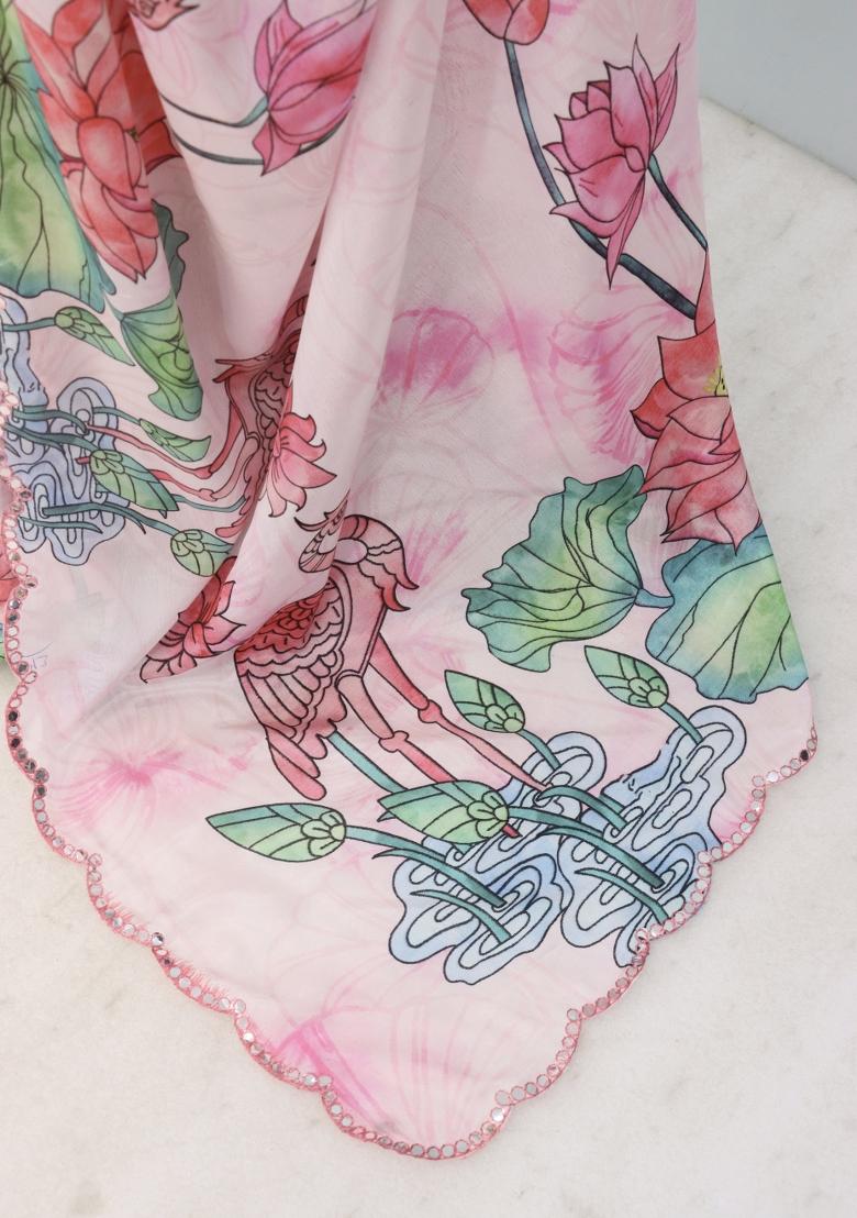 Light Pink Mirror Work Chiffon Saree Set With Blouse