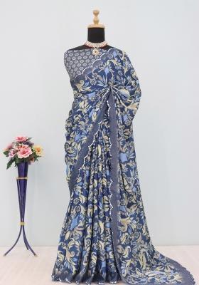 Grey Mirror Work Chiffon Saree Set With Blouse