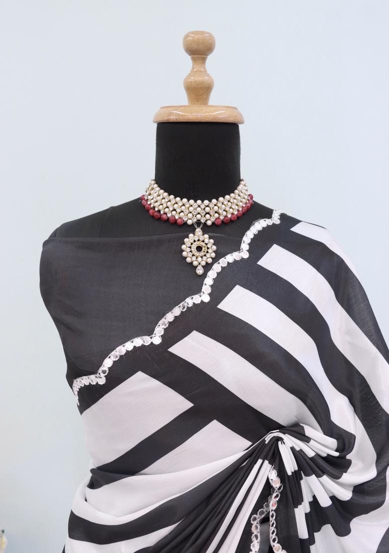 Black Mirror Work Chiffon Saree Set With Blouse