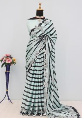 Sea Green Mirror Work Chiffon Saree Set With Blouse