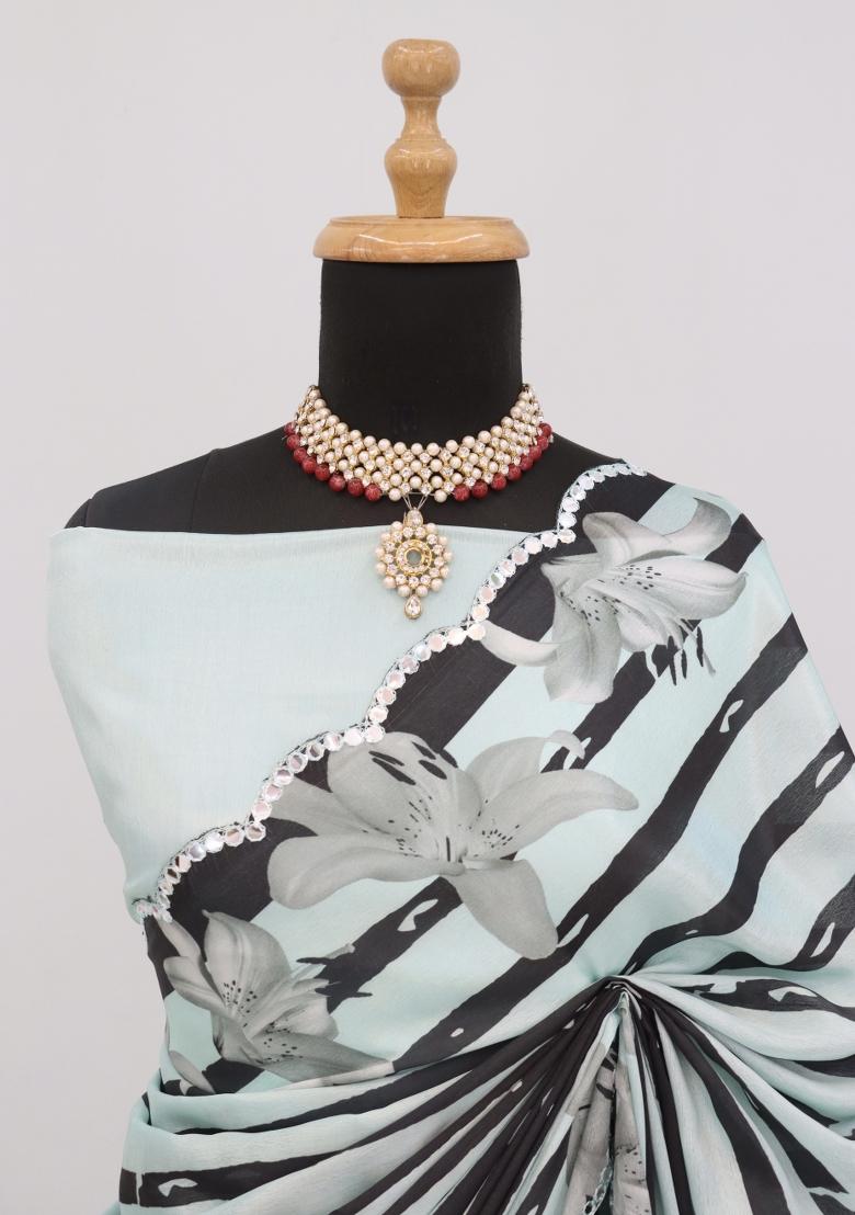 Sea Green Mirror Work Chiffon Saree Set With Blouse