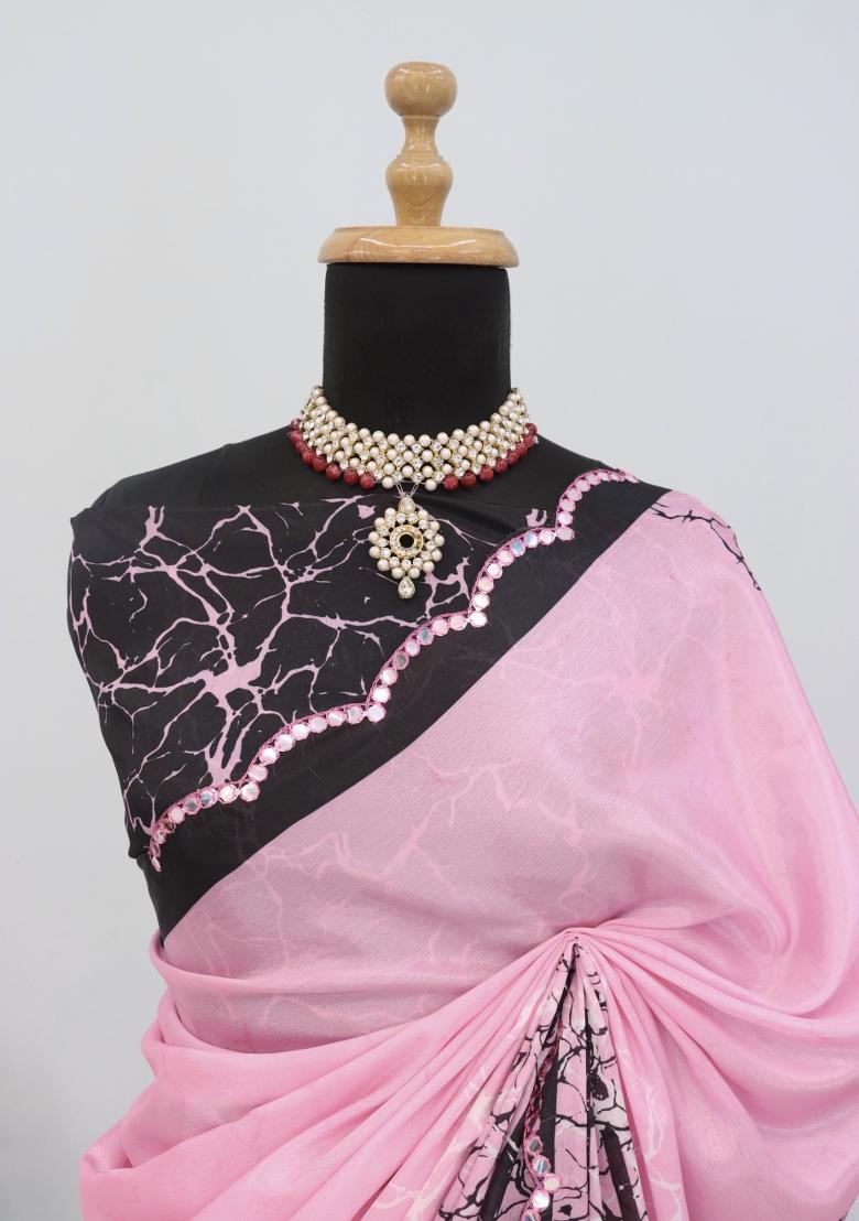Baby Pink Mirror Work Chiffon Saree Set With Blouse
