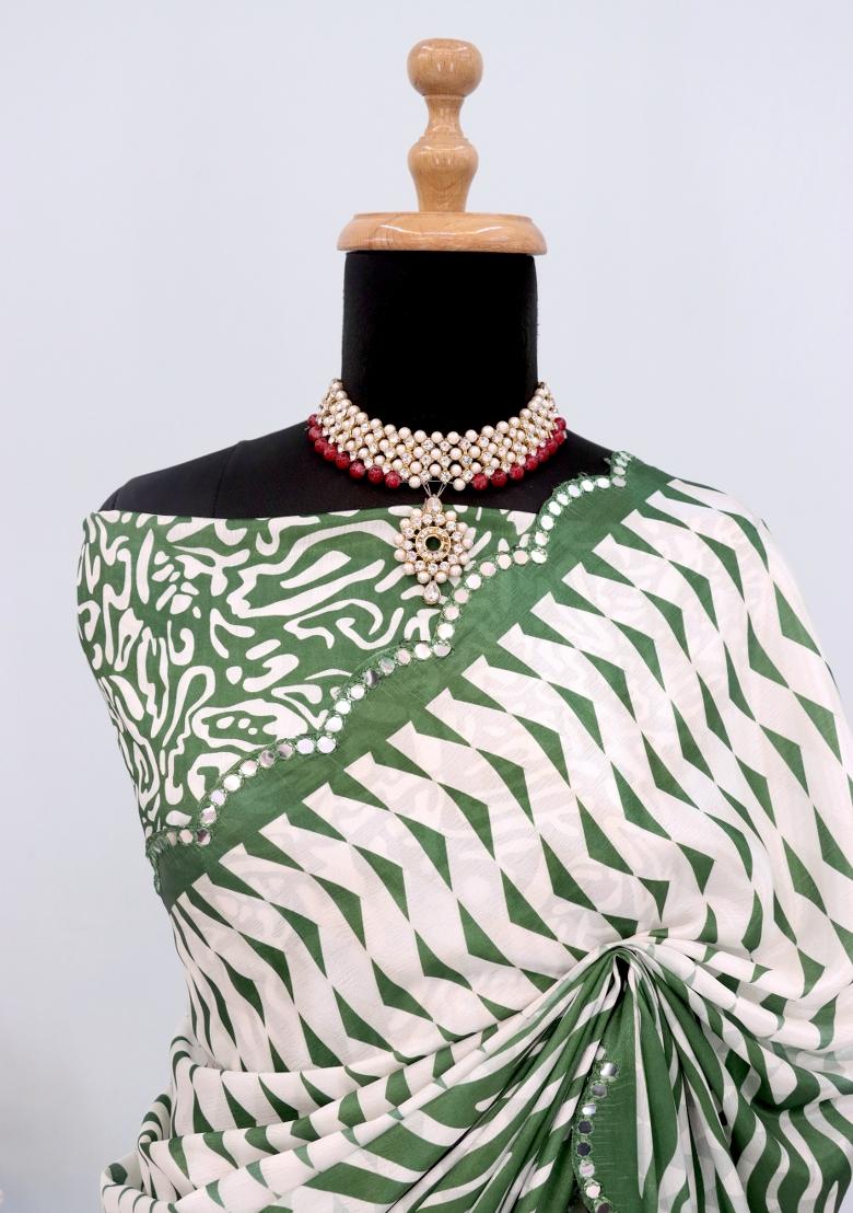 Green Mirror Work Chiffon Saree Set With Blouse