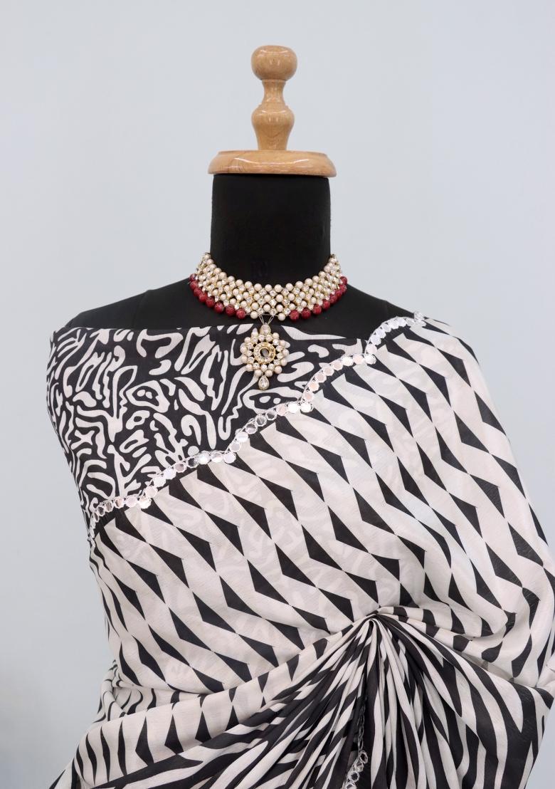 White Mirror Work Chiffon Saree Set With Blouse