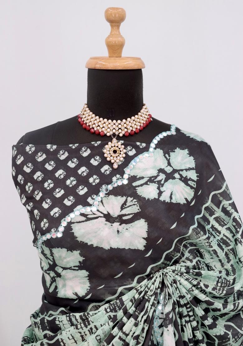 Black Mirror Work Chiffon Saree Set With Blouse