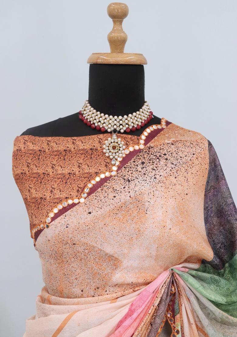 Orange Mirror Work Chiffon Saree Set With Blouse