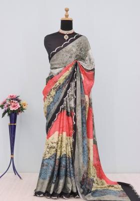 Black Mirror Work Chiffon Saree Set With Blouse