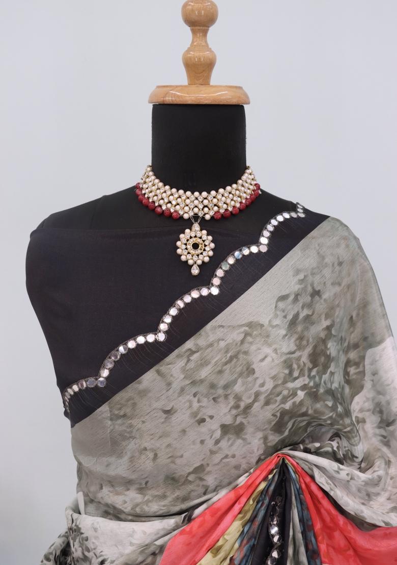 Black Mirror Work Chiffon Saree Set With Blouse