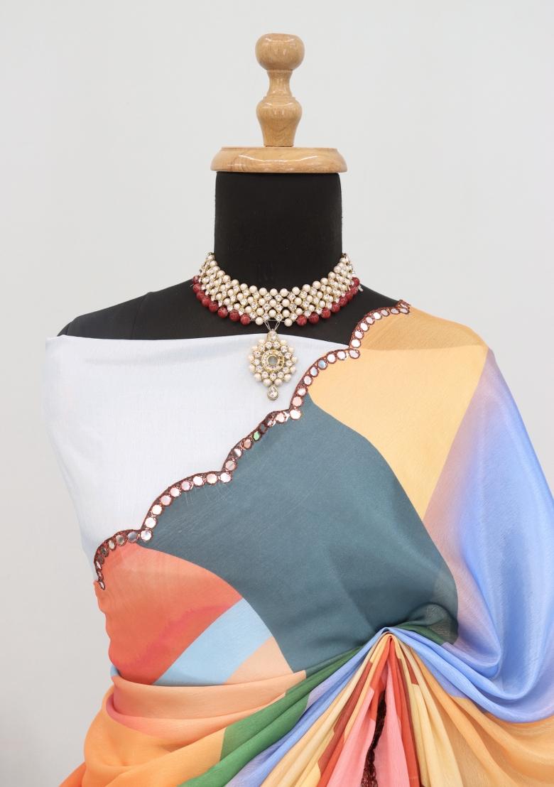 Multi Mirror Work Chiffon Saree Set With Blouse