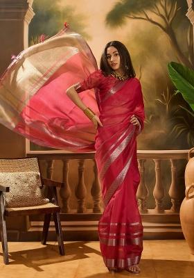 Maroon Wevon Designer Organza Saree Set