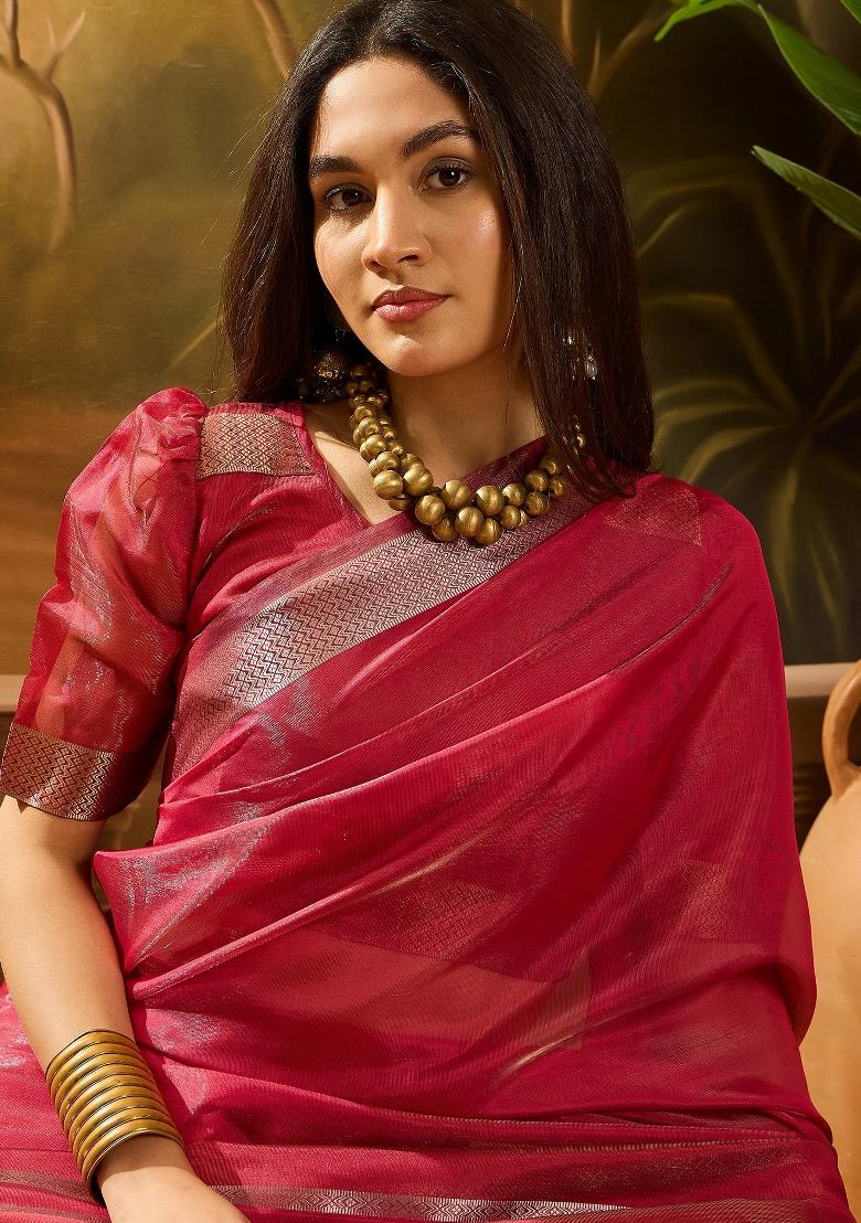 Maroon Wevon Designer Organza Saree Set