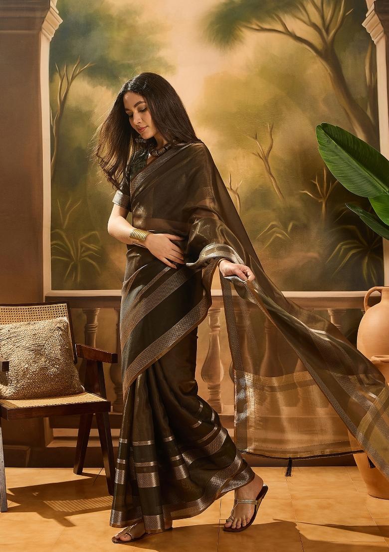 Brown Wevon Designer Organza Saree Set