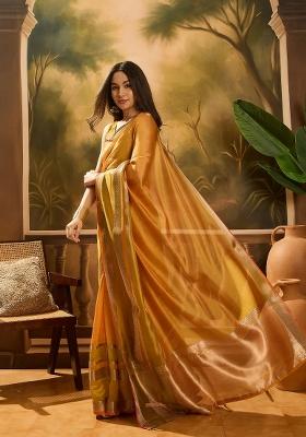 Mustard Yellow Wevon Designer Organza Saree Set