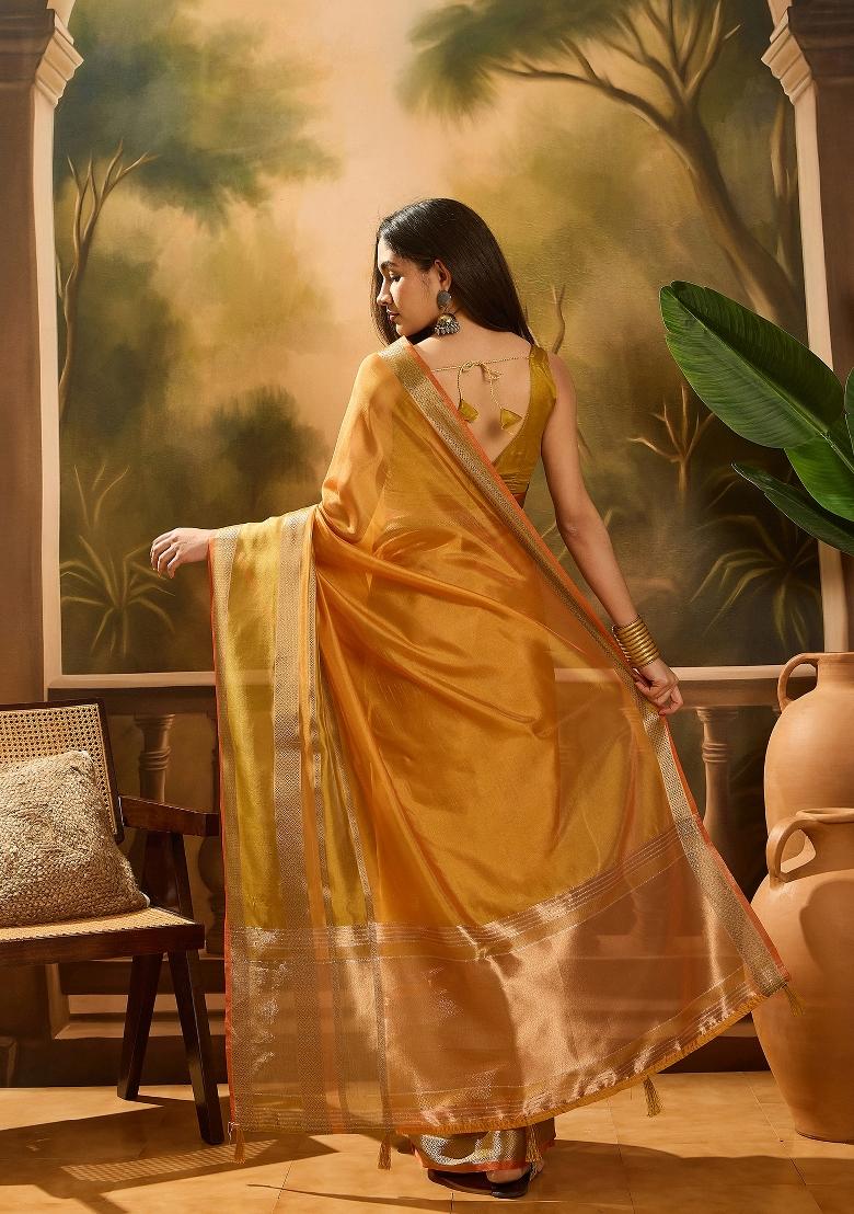 Mustard Yellow Wevon Designer Organza Saree Set