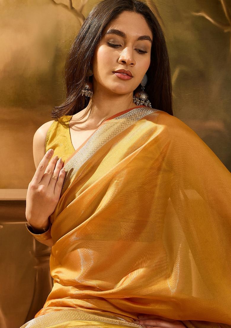 Mustard Yellow Wevon Designer Organza Saree Set