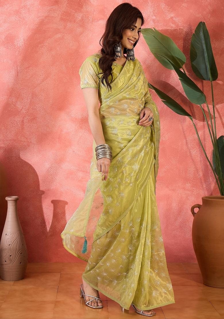 Mustard Yellow Embroidererd Twill Net Saree Set