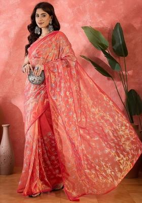 Red Embroidererd Twill Net Saree Set