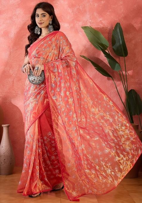 Red Embroidererd Twill Net Saree Set