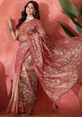 Wine Embroidererd Twill Net Saree Set