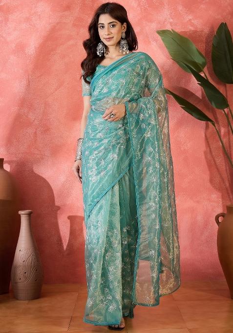 Blue Embroidererd Twill Net Saree Set