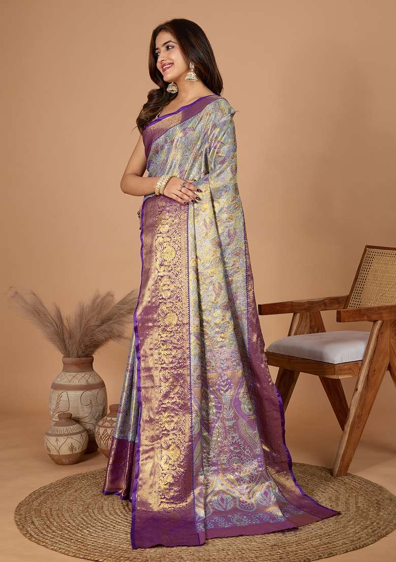 Grey Wevon Designer Soft Silk Saree Set - Indya