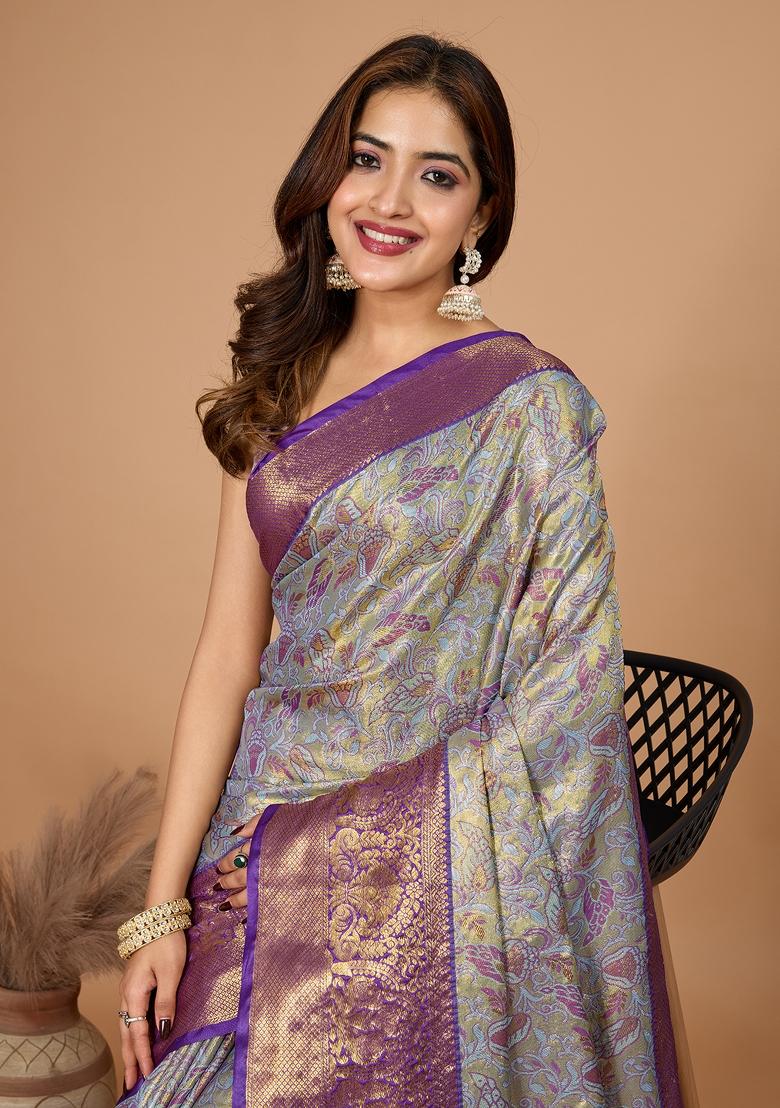 Grey Wevon Designer Soft Silk Saree Set