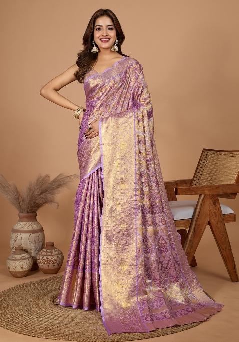 Purple Wevon Designer Soft Silk Saree Set