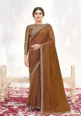 Rust Brown Embroidererd Crepe Shimmer Silk Saree Set