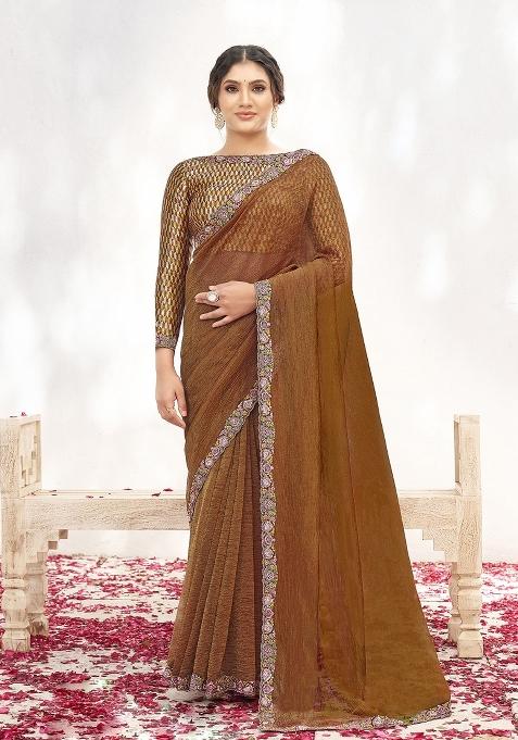 Rust Brown Embroidererd Crepe Shimmer Silk Saree Set