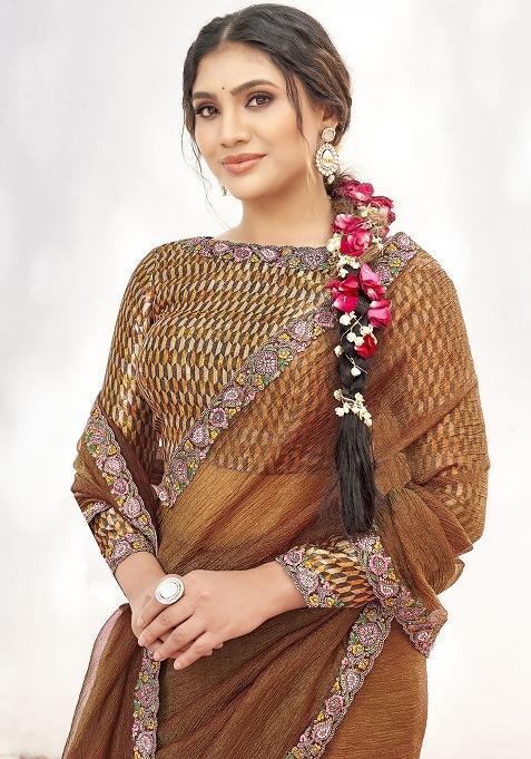 Rust Brown Embroidererd Crepe Shimmer Silk Saree Set